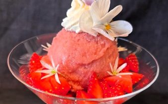 Rabarbersorbet med smörstekta kaksmulor och jordgubbar